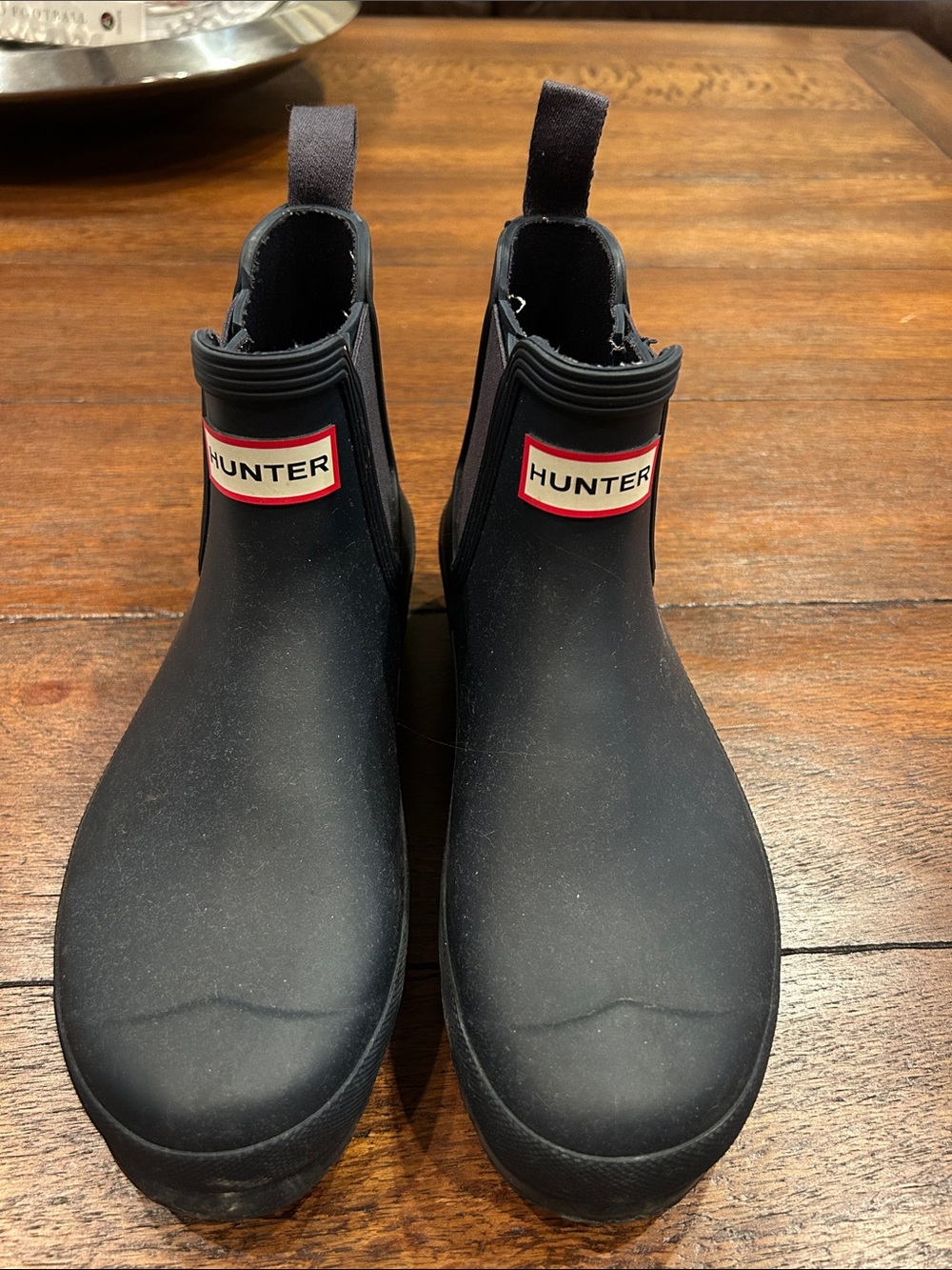 Hunter Womens Black Chelsea Rain Boots with Red Logo